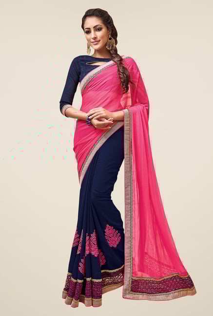 Shonaya Navy & Pink Embroidered Chiffon Saree Piece Shonaya Navy & Pink Embroidered Chiffon Saree Piece