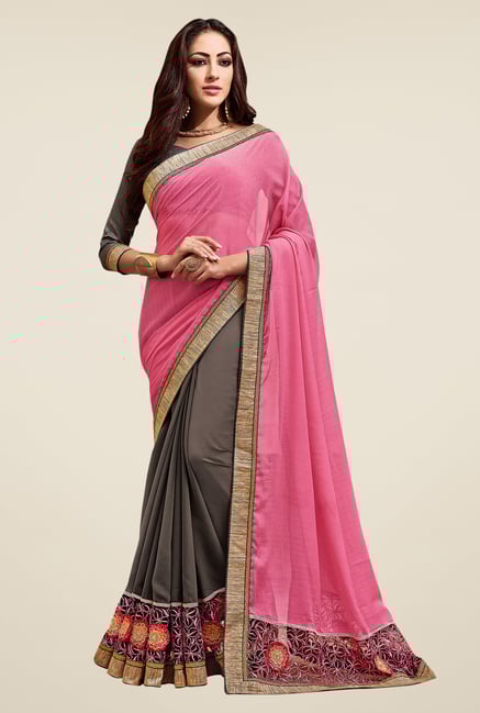 Shonaya Grey & Pink Embroidered Chiffon Saree Piece Shonaya Grey & Pink Embroidered Chiffon Saree Piece