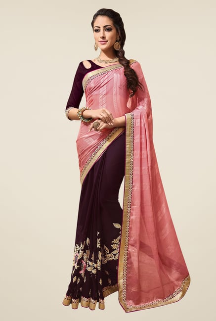 Shonaya Purple & Peach Embroidered Georgette Saree Shonaya Purple & Peach Embroidered Georgette Saree