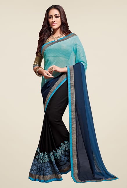 Shonaya Black & Blue Embroidered Saree With Blouse Shonaya Black & Blue Embroidered Saree With Blouse