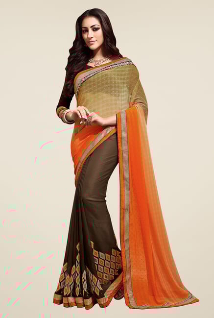 Shonaya Brown & Orange Embroidered Georgette Saree Shonaya Brown & Orange Embroidered Georgette Saree
