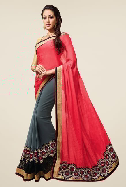Shonaya Grey & Coral Embroidered Georgette Saree Shonaya Grey & Coral Embroidered Georgette Saree