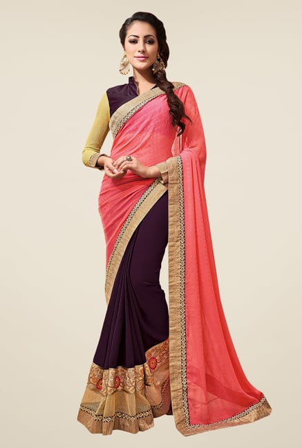 Shonaya Purple & Peach Embroidered Georgette Saree Shonaya Purple & Peach Embroidered Georgette Saree