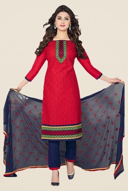 Ishin Red & Blue Embroidered Unstitched Dress Material Ishin Red & Blue Embroidered Unstitched Dress Material