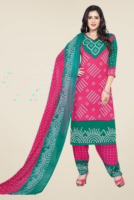 Ishin Pink & Green Printed Unstitched Dress Material Ishin Pink & Green Printed Unstitched Dress Material