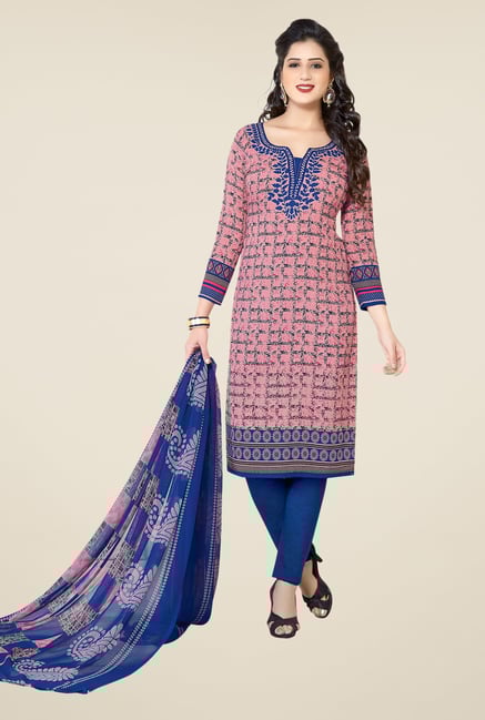Ishin Peach & Blue Printed Unstitched Dress Material Ishin Peach & Blue Printed Unstitched Dress Material