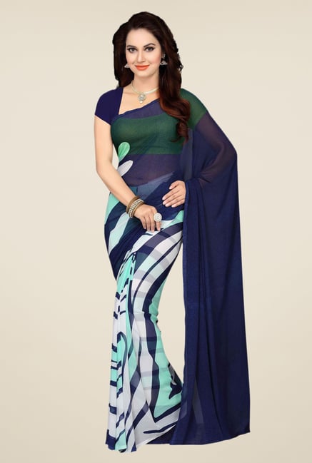 Ishin Navy & White Faux Georgette Printed Saree Ishin Navy & White Faux Georgette Printed Saree