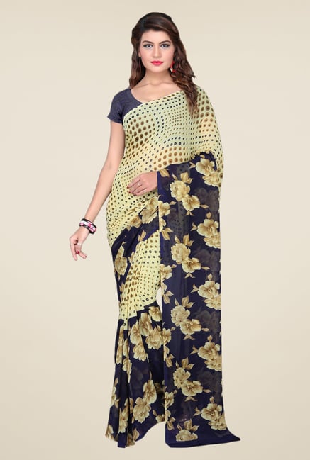 Ishin Beige & Navy Blue Faux Georgette Floral Print Saree Ishin Beige & Navy Blue Faux Georgette Floral Print Saree