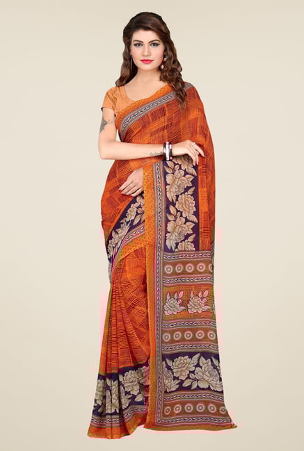 Ishin Orange Faux Georgette Floral Print Saree Ishin Orange Faux Georgette Floral Print Saree