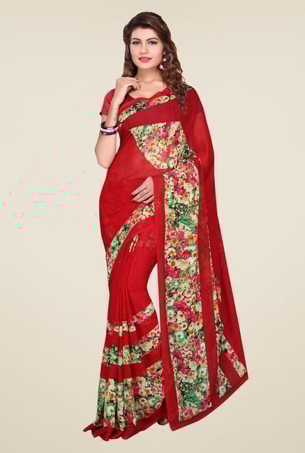 Ishin Red Faux Georgette Floral Print Saree Ishin Red Faux Georgette Floral Print Saree