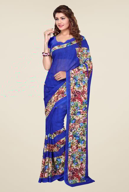 Ishin Blue Faux Georgette Floral Print Saree Ishin Blue Faux Georgette Floral Print Saree