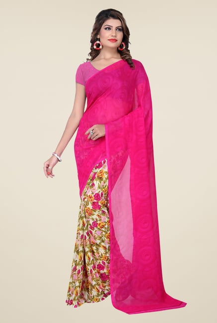 Ishin Pink & Beige Faux Georgette Floral Print Saree Ishin Pink & Beige Faux Georgette Floral Print Saree