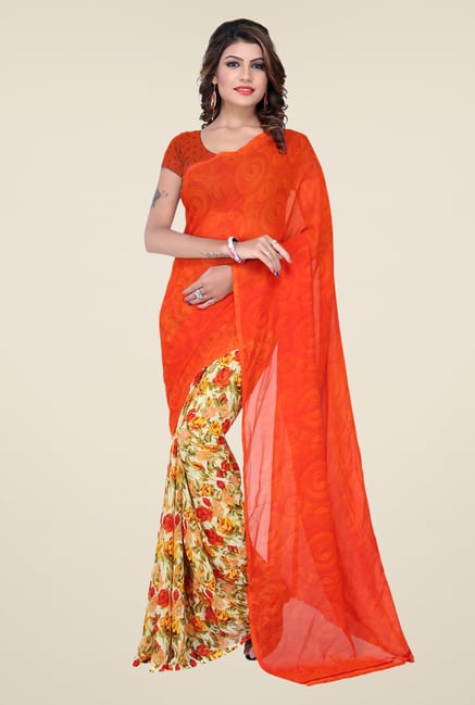 Ishin Orange & Beige Faux Georgette Floral Print Saree Ishin Orange & Beige Faux Georgette Floral Print Saree