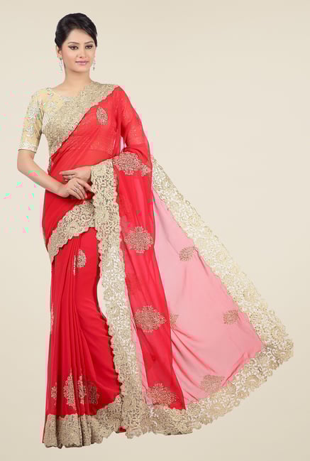 Jashn Red & Beige Embroidered Georgette Saree Jashn Red & Beige Embroidered Georgette Saree