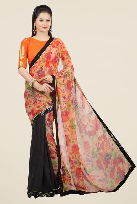 Jashn Orange & Black Floral Print Georgette Saree Jashn Orange & Black Floral Print Georgette Saree