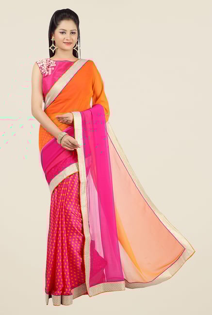 Jashn Pink & Orange Polka Dots Chiffon Saree Jashn Pink & Orange Polka Dots Chiffon Saree