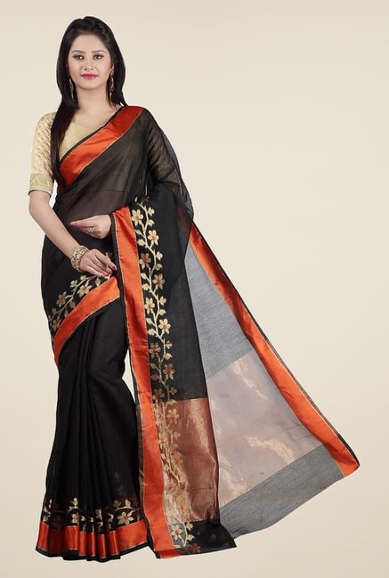 Jashn Black & Orange Floral Print Saree Jashn Black & Orange Floral Print Saree