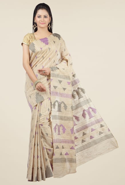 Jashn Beige & Purple Geometric Print Saree Jashn Beige & Purple Geometric Print Saree