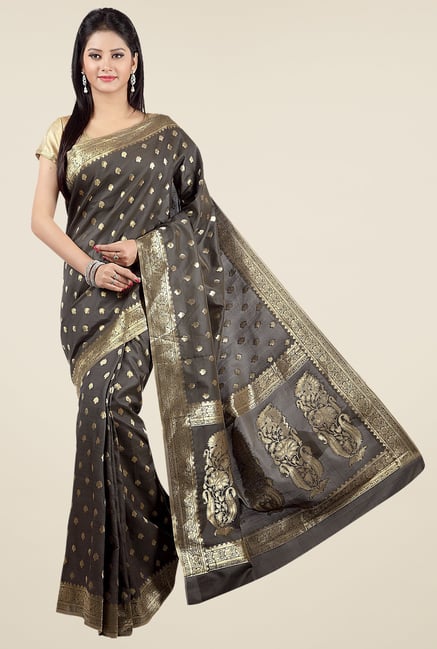 Jashn Grey Block Print Silk Saree Jashn Grey Block Print Silk Saree