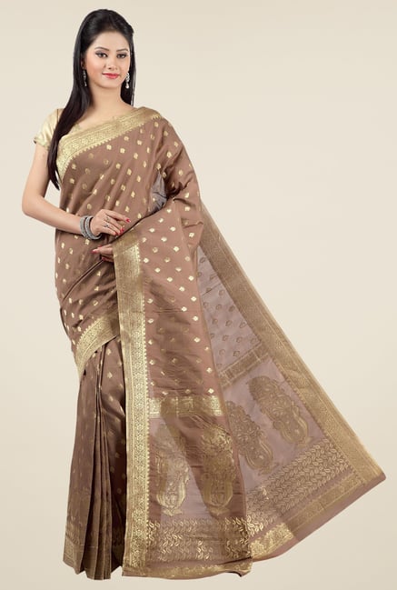 Jashn Coffee Block Print Silk Saree Jashn Coffee Block Print Silk Saree