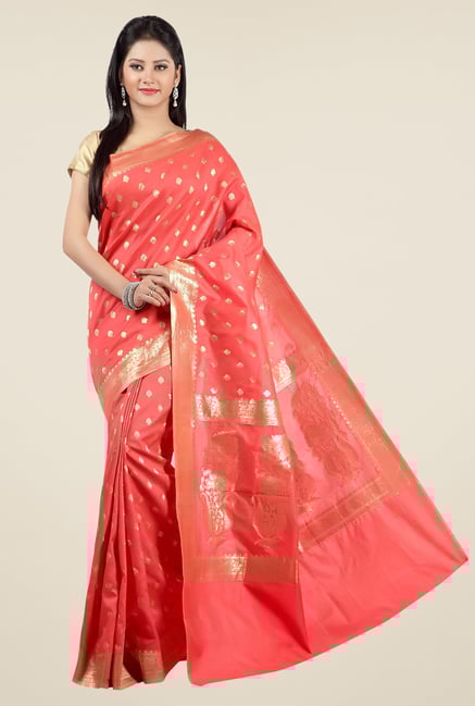 Jashn Coral Block Print Silk Saree Jashn Coral Block Print Silk Saree