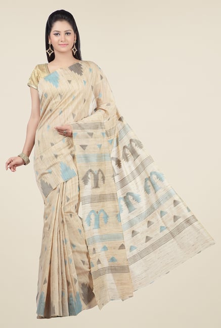Jashn Beige & Blue Geometric Print Saree Jashn Beige & Blue Geometric Print Saree