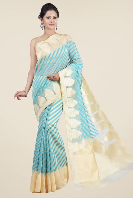 Jashn Beige & Turquoise Striped Saree Jashn Beige & Turquoise Striped Saree