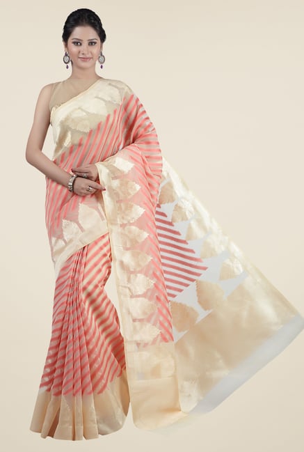 Jashn Beige & Coral Striped Saree Jashn Beige & Coral Striped Saree