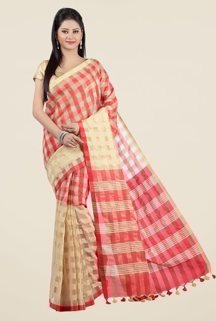 Jashn Beige & Red Checks Saree Jashn Beige & Red Checks Saree