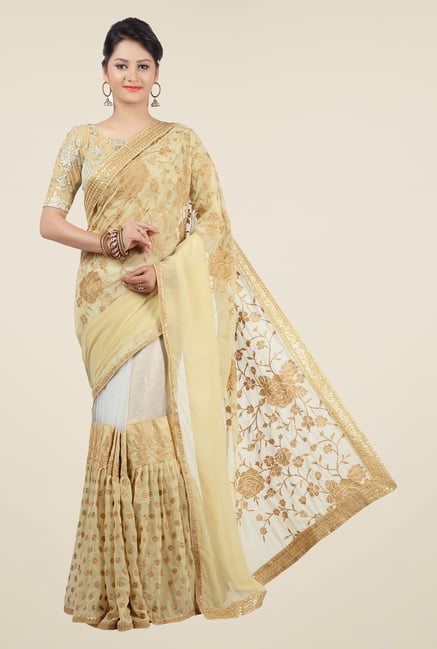 Jashn Beige & White Embroidered Georgette Saree Jashn Beige & White Embroidered Georgette Saree