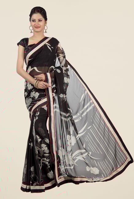 Jashn Black Floral Print Chiffon Saree Jashn Black Floral Print Chiffon Saree