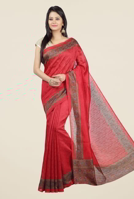 Jashn Red Self Printed Jacquard Saree Jashn Red Self Printed Jacquard Saree