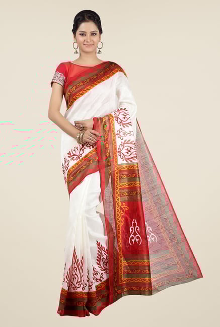 Jashn White and Red Printed Jacquard Saree Jashn White and Red Printed Jacquard Saree