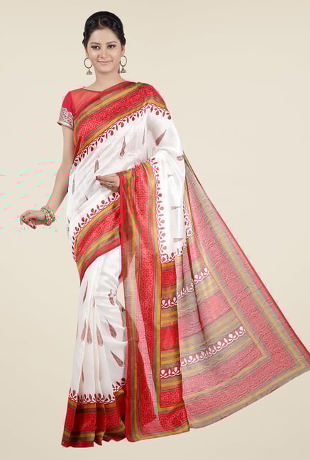 Jashn White and Red Printed Jacquard Saree Jashn White and Red Printed Jacquard Saree