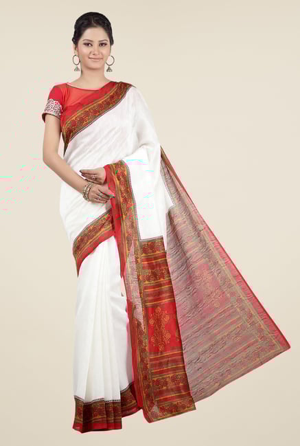 Jashn White and Red Printed Jacquard Saree Jashn White and Red Printed Jacquard Saree