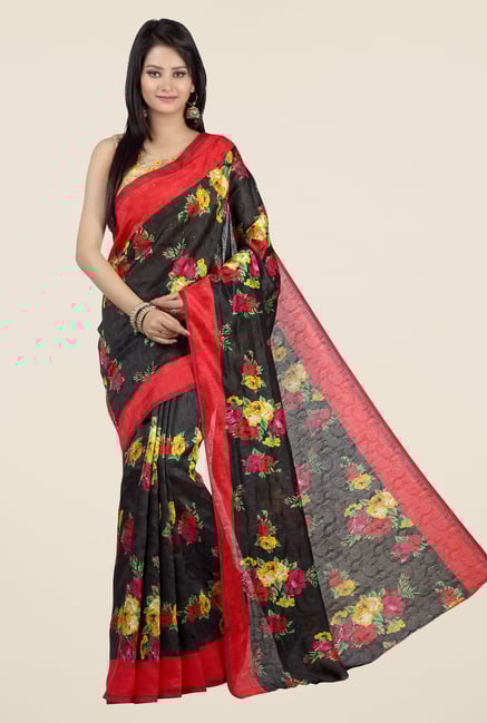 Jashn Black and Red Floral Print Jacquard Saree Jashn Black and Red Floral Print Jacquard Saree
