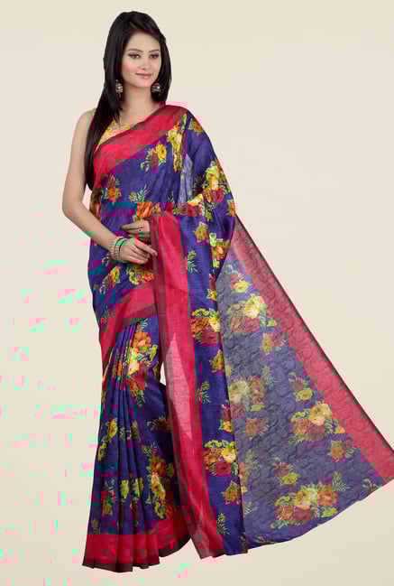 Jashn Blue and Pink Floral Print Jacquard Saree Jashn Blue and Pink Floral Print Jacquard Saree