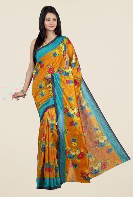 Jashn Mustard and Teal Floral Print Jacquard Saree Jashn Mustard and Teal Floral Print Jacquard Saree
