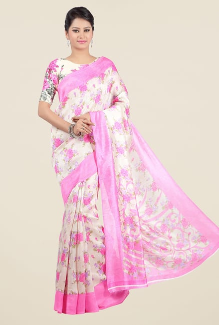 Jashn Beige and Pink Floral Print Jacquard Saree Jashn Beige and Pink Floral Print Jacquard Saree