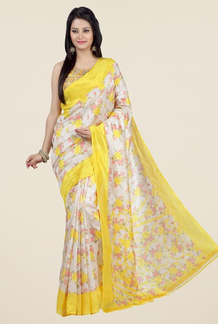 Jashn Beige and Yellow Floral Print Jacquard Saree Jashn Beige and Yellow Floral Print Jacquard Saree