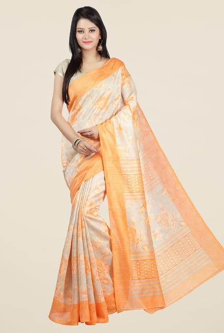 Jashn Orange Floral Print Jacquard Saree Jashn Orange Floral Print Jacquard Saree