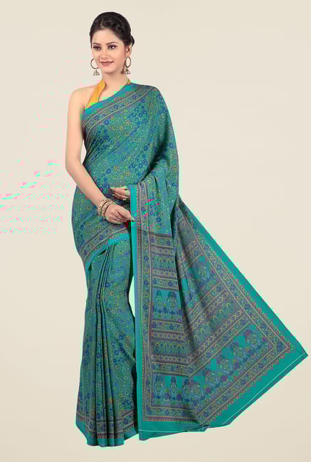 Jashn Teal Floral Print Saree Jashn Teal Floral Print Saree