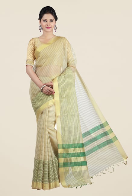 Jashn Beige & Green Striped Saree Jashn Beige & Green Striped Saree