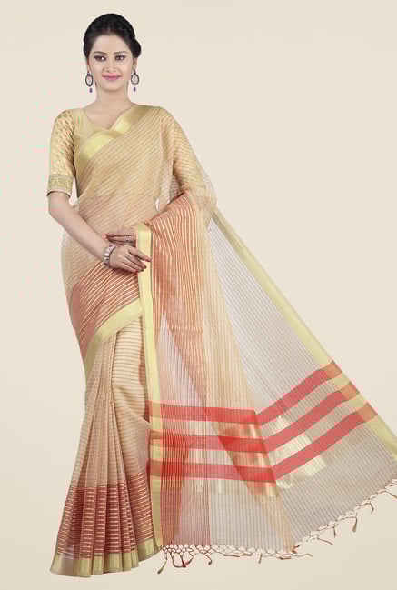 Jashn Beige & Red Striped Saree Jashn Beige & Red Striped Saree