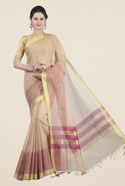 Jashn Beige & Wine Striped Saree Jashn Beige & Wine Striped Saree