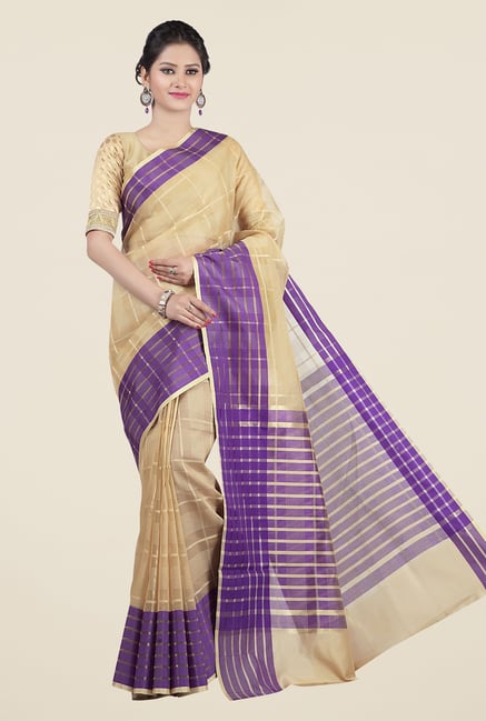 Jashn Beige & Purple Checks Saree Jashn Beige & Purple Checks Saree