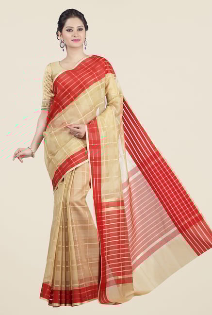 Jashn Beige & Red Checks Saree Jashn Beige & Red Checks Saree