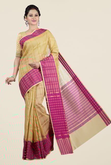 Jashn Beige & Wine Checks Saree Jashn Beige & Wine Checks Saree