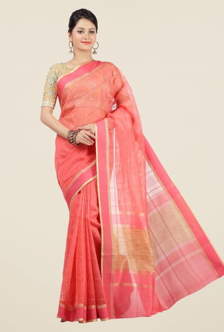 Jashn Peach Checks Saree Jashn Peach Checks Saree