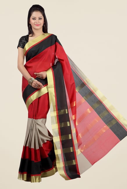 Jashn Red & Grey Striped Saree Jashn Red & Grey Striped Saree
